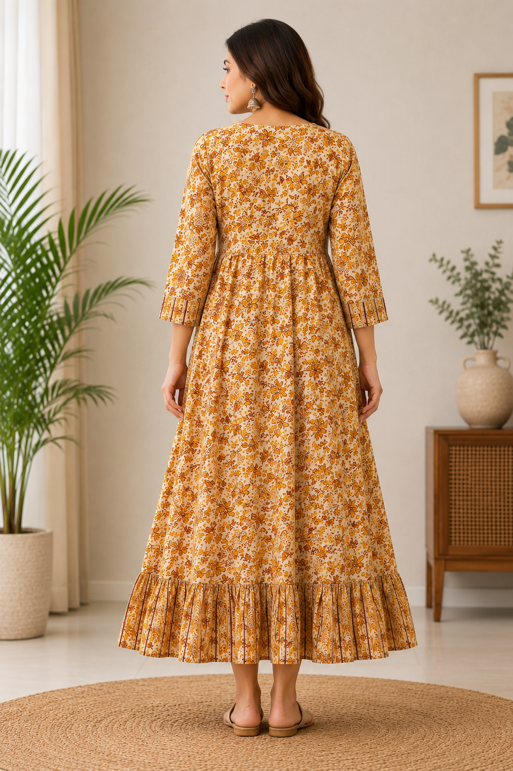 Elegant Floral Printed Mustard Yellow, Rust Orange, and Off-White Single Piece Kurti with Embroidered Yoke and Border