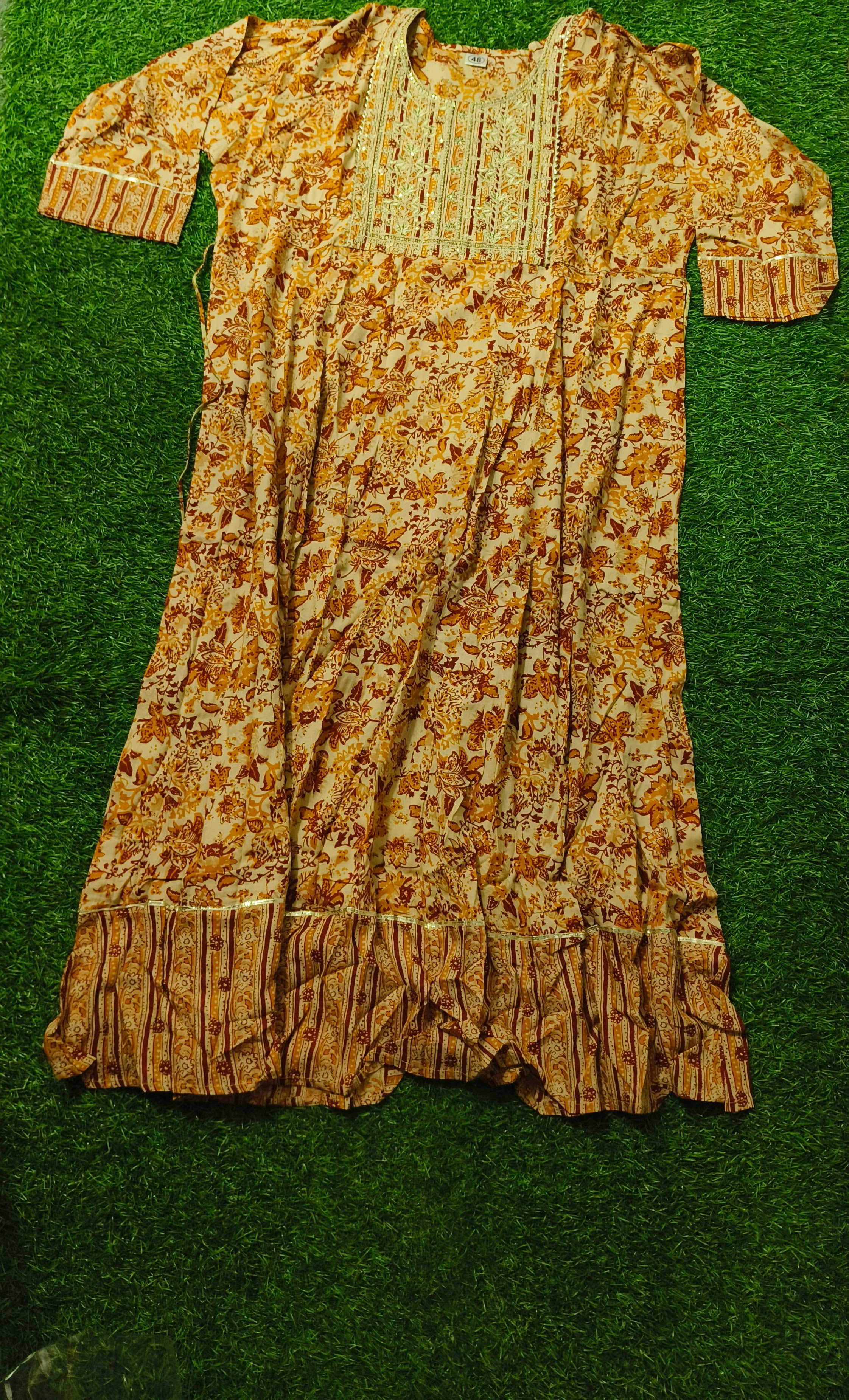 Elegant Floral Printed Mustard Yellow, Rust Orange, and Off-White Single Piece Kurti with Embroidered Yoke and Border
