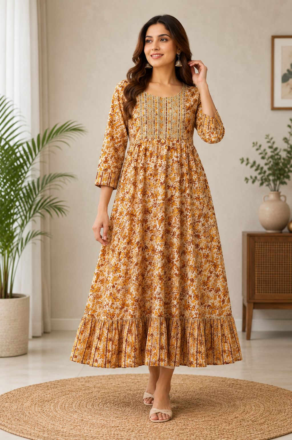 Elegant Floral Printed Mustard Yellow, Rust Orange, and Off-White Single Piece Kurti with Embroidered Yoke and Border
