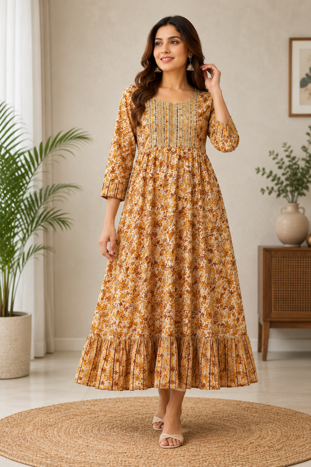 Elegant Floral Printed Mustard Yellow, Rust Orange, and Off-White Single Piece Kurti with Embroidered Yoke and Border