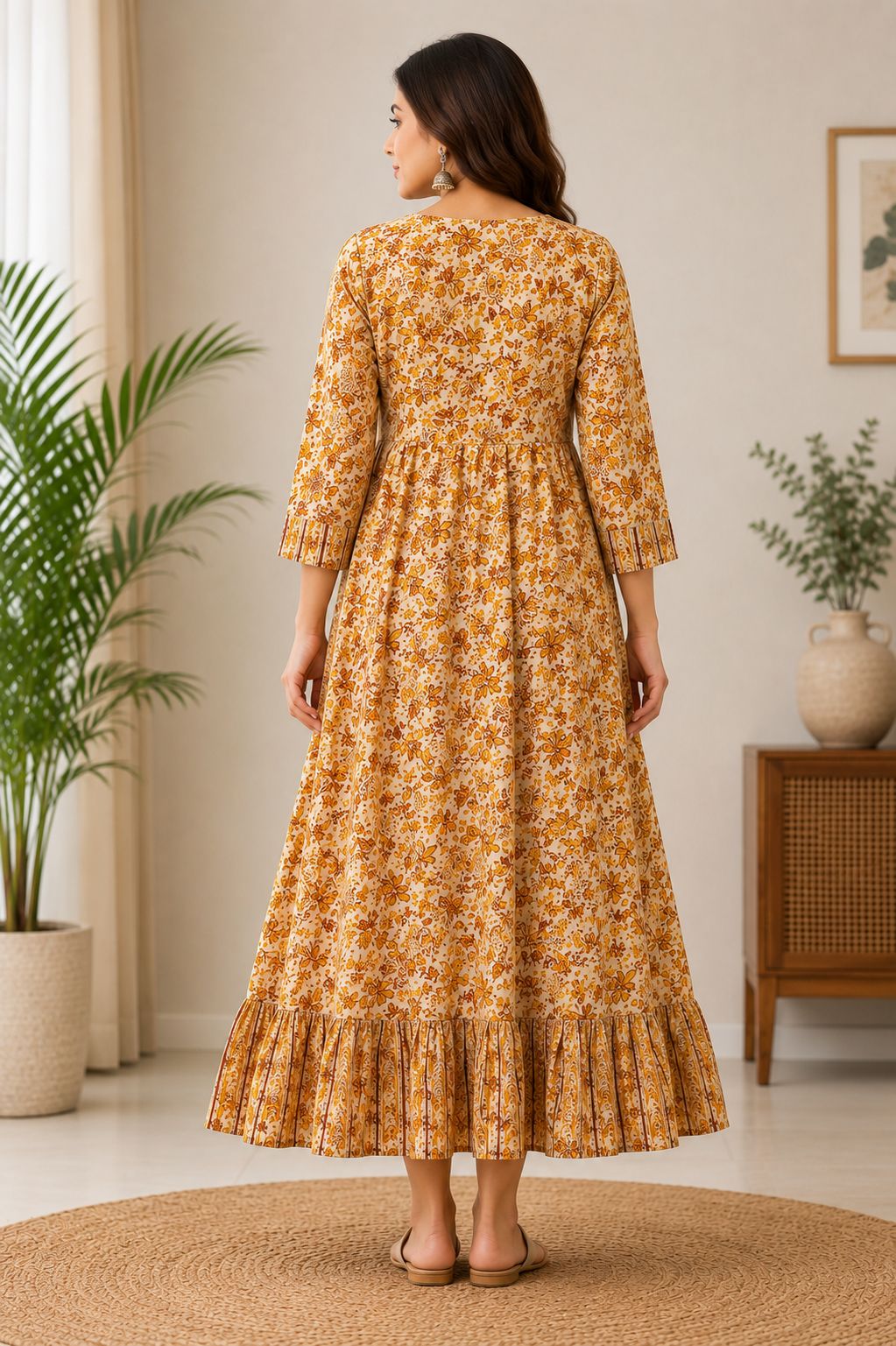 Elegant Floral Printed Mustard Yellow, Rust Orange, and Off-White Single Piece Kurti with Embroidered Yoke and Border