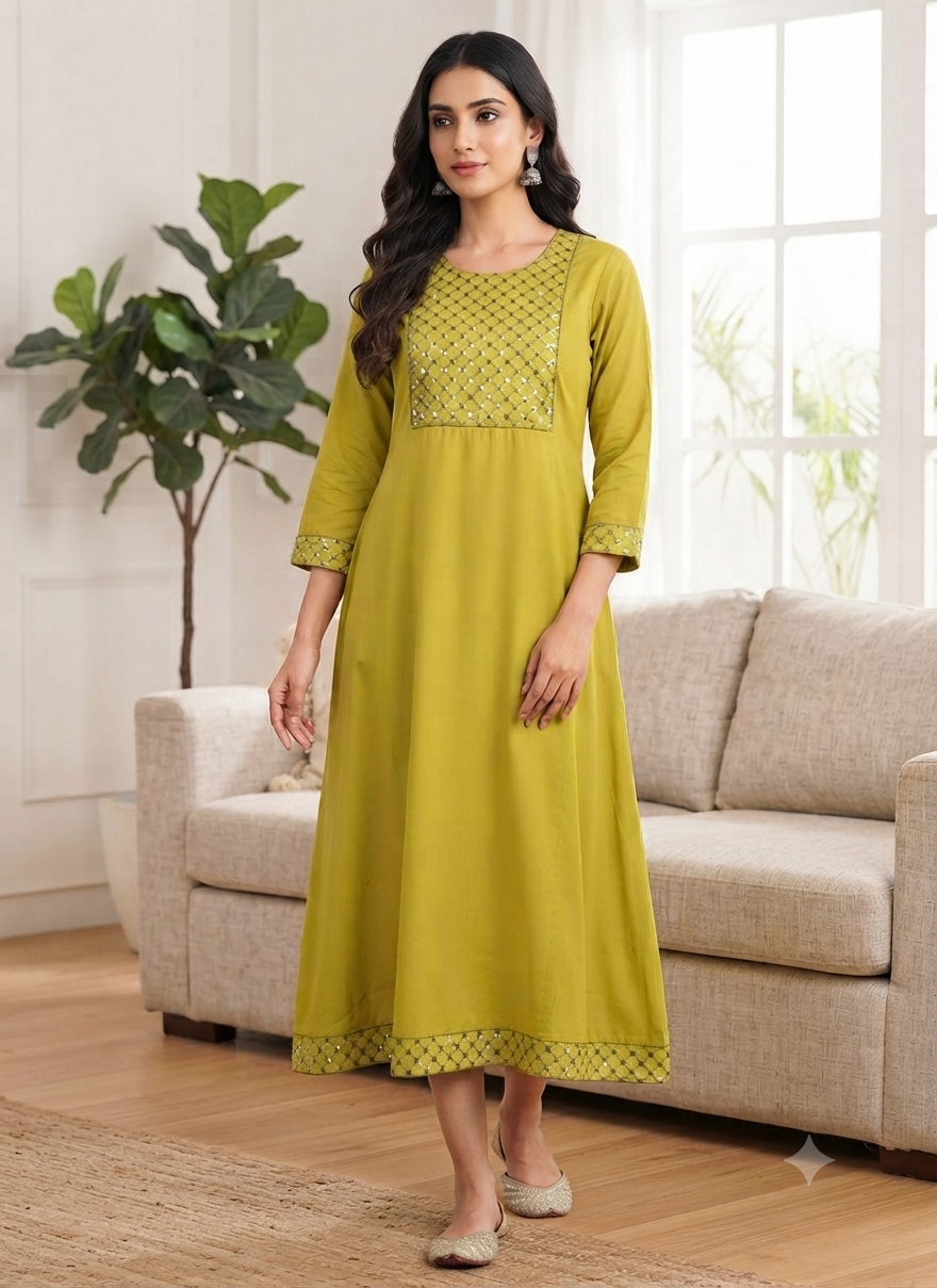 Elegant Olive Green Embroidered Single Piece Kurti