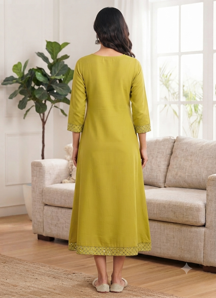 Elegant Olive Green Embroidered Single Piece Kurti