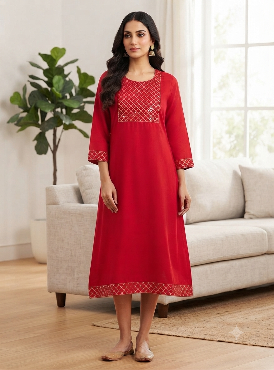 Elegant Vibrant Red Embroidered Single Piece Kurti