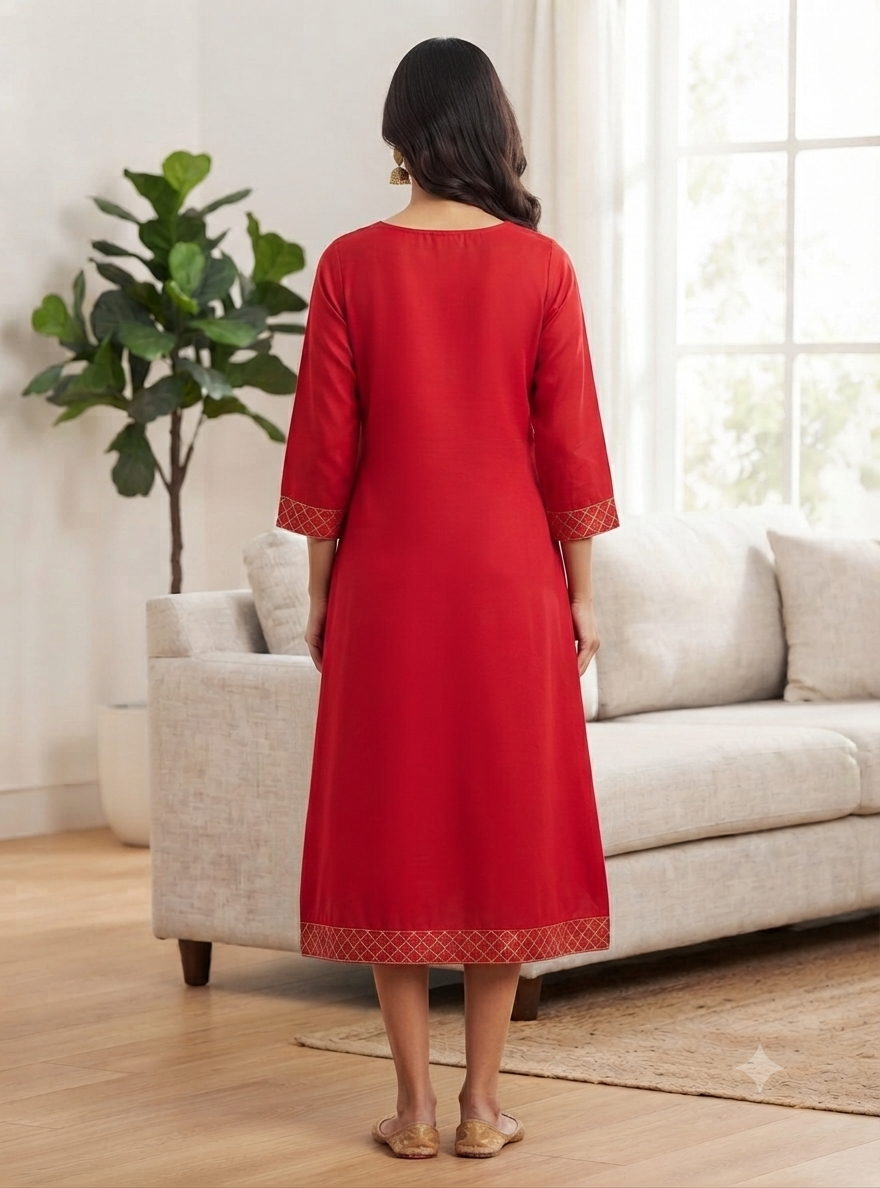 Elegant Vibrant Red Embroidered Single Piece Kurti
