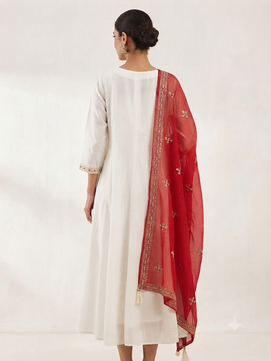 Elegant Off-White Silk Embroidered Top and Chunni Set