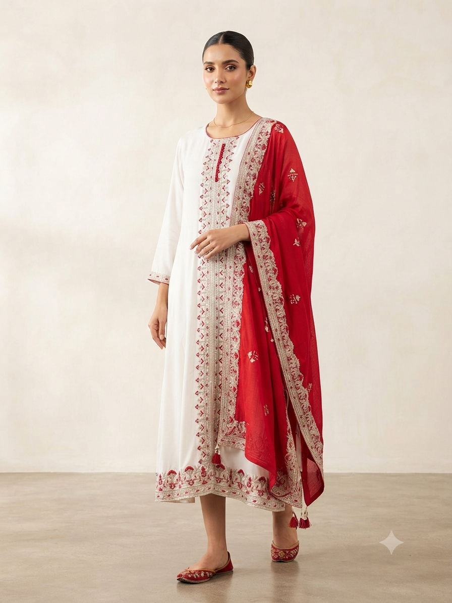 Elegant Off-White Silk Embroidered Top and Chunni Set