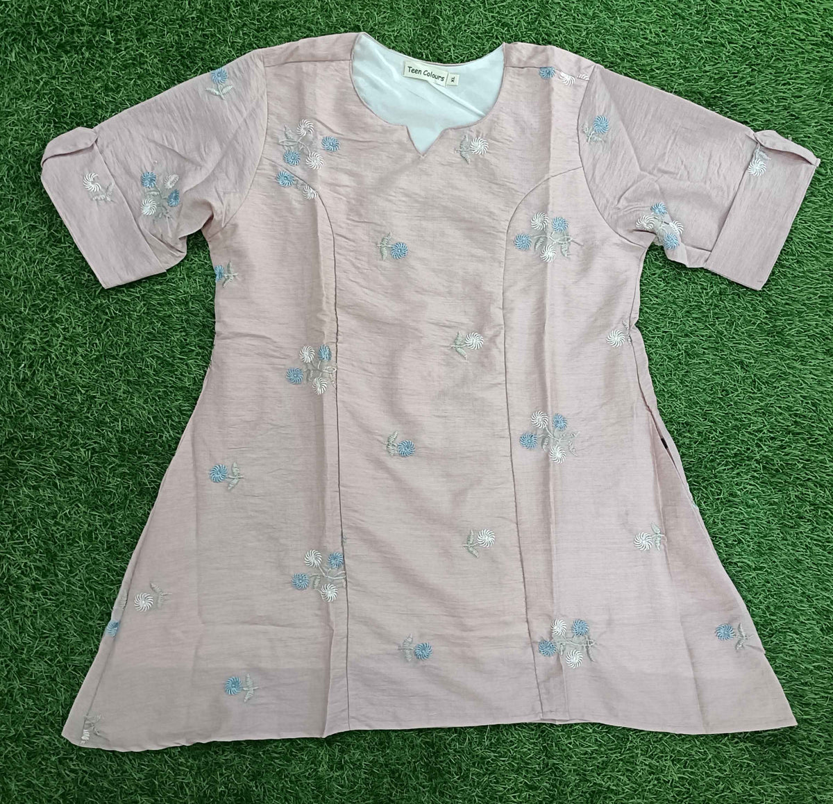 Women’s Dusty Pink Floral Embroidered A-Line Kurti with Notch Neck