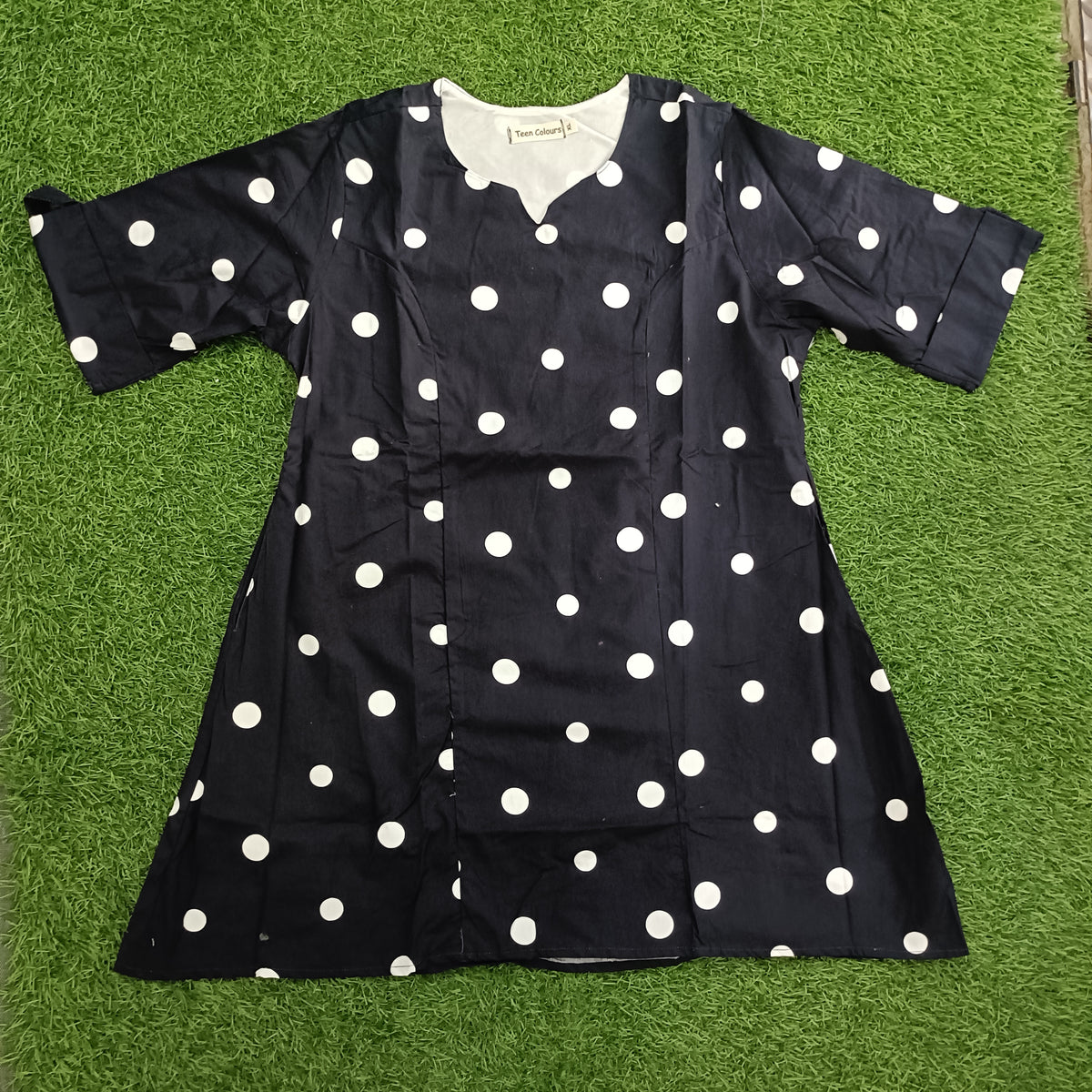 Women’s Black & White Polka Dot A-Line Kurti with Notch Neck