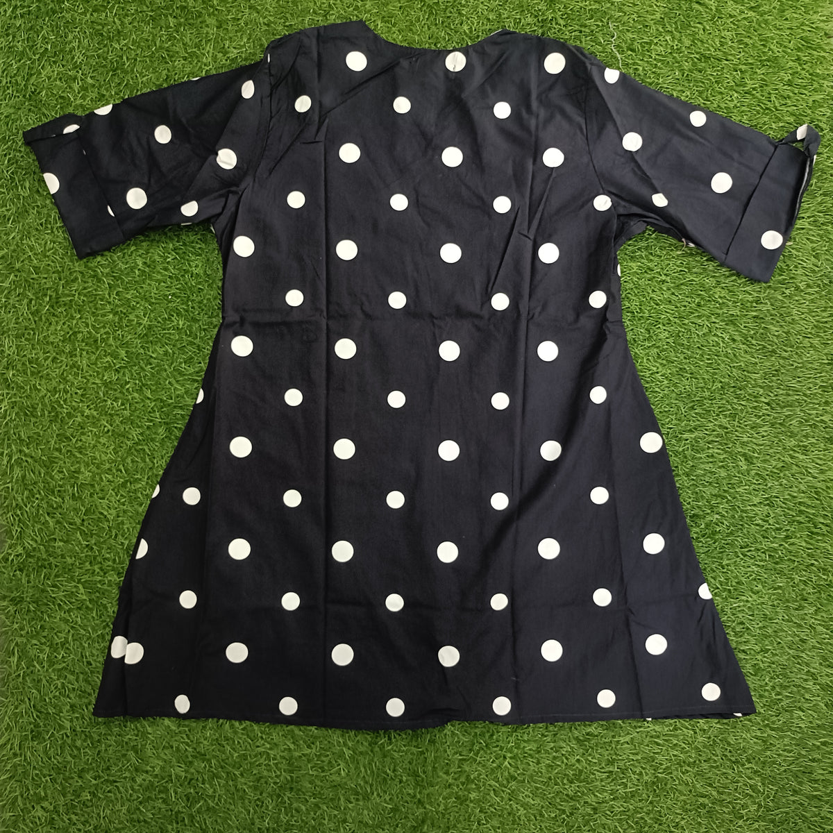 Women’s Black & White Polka Dot A-Line Kurti with Notch Neck