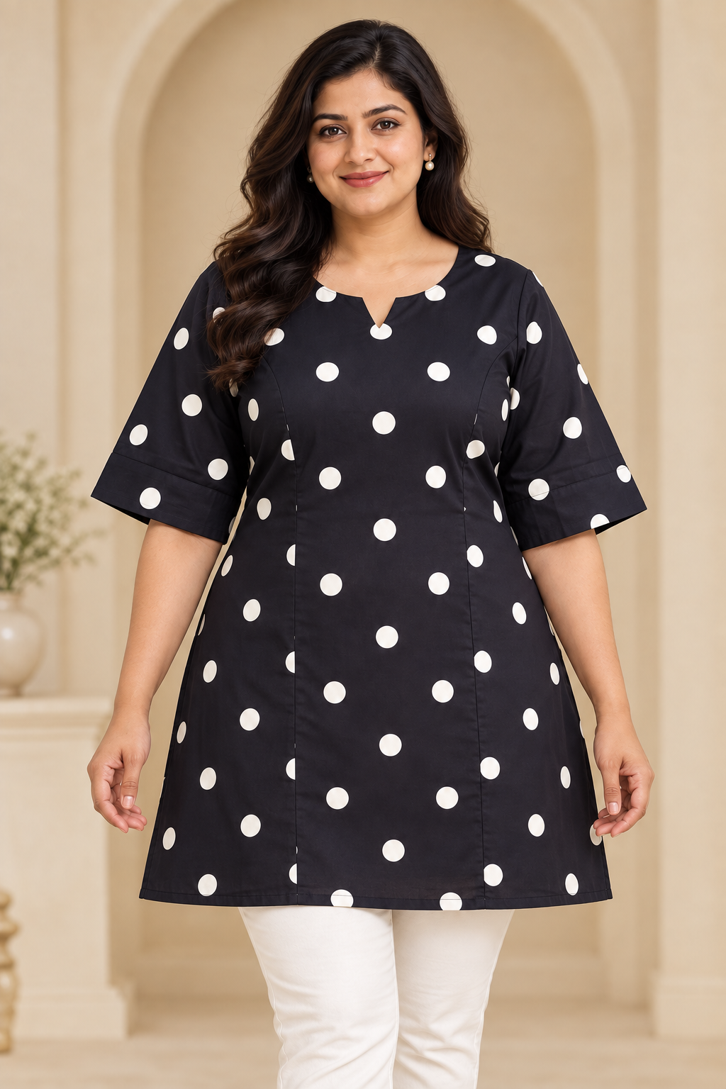 Women’s Black & White Polka Dot A-Line Kurti with Notch Neck