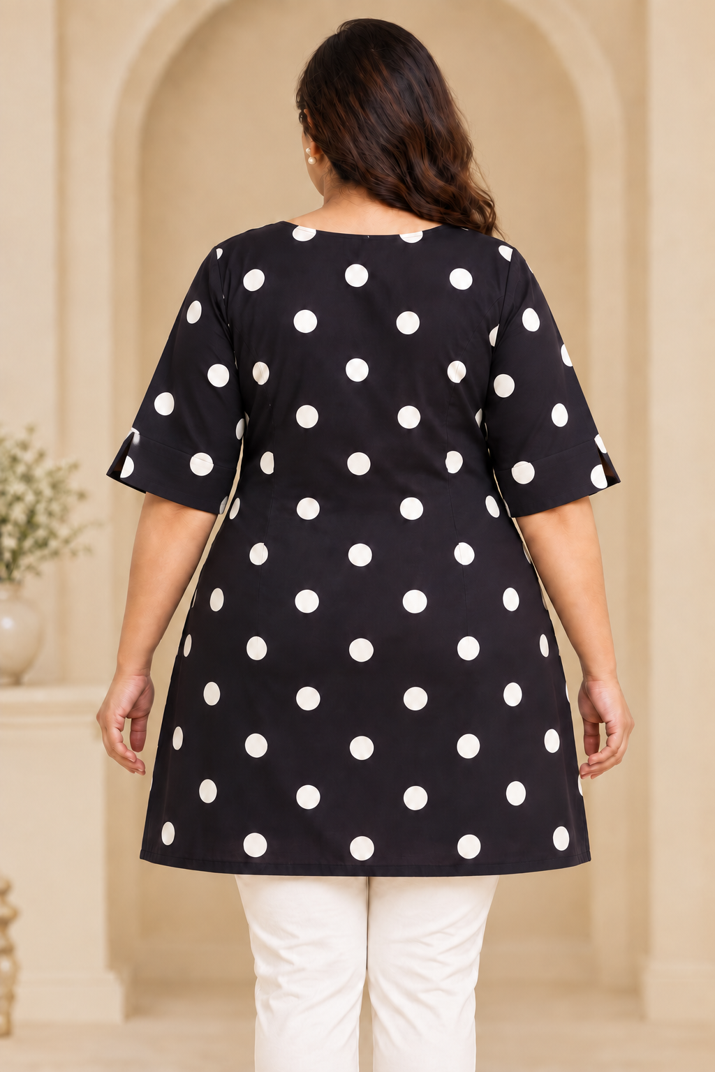 Women’s Black & White Polka Dot A-Line Kurti with Notch Neck