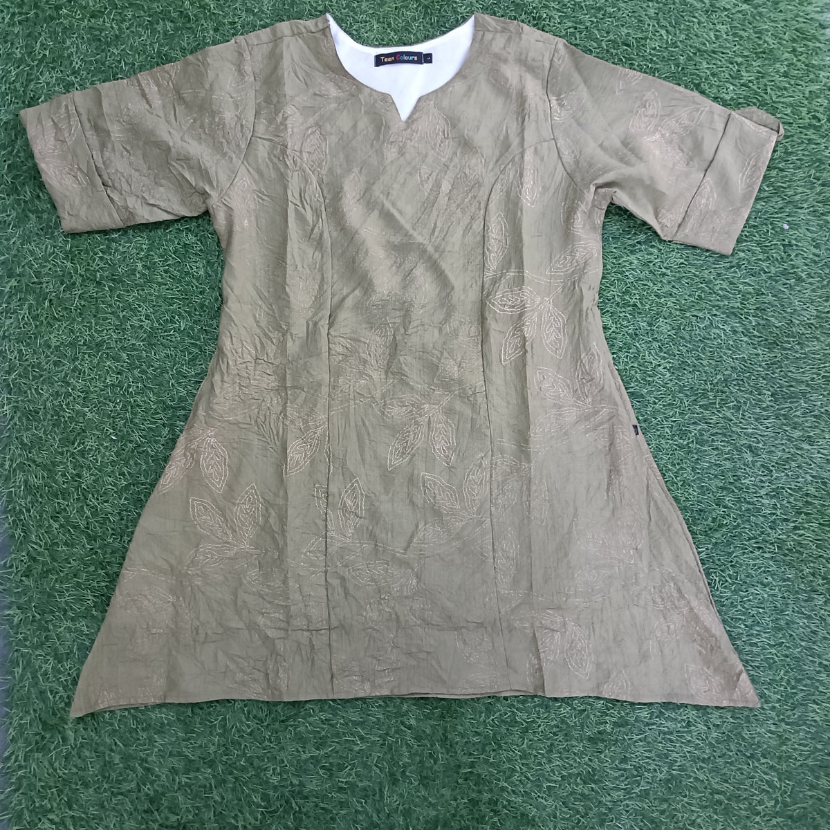 women’s Light Olive Green Leaf Embroidered A-Line Kurti with Notch Neck