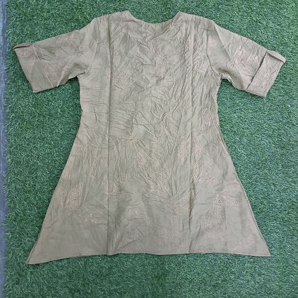 women’s Light Olive Green Leaf Embroidered A-Line Kurti with Notch Neck