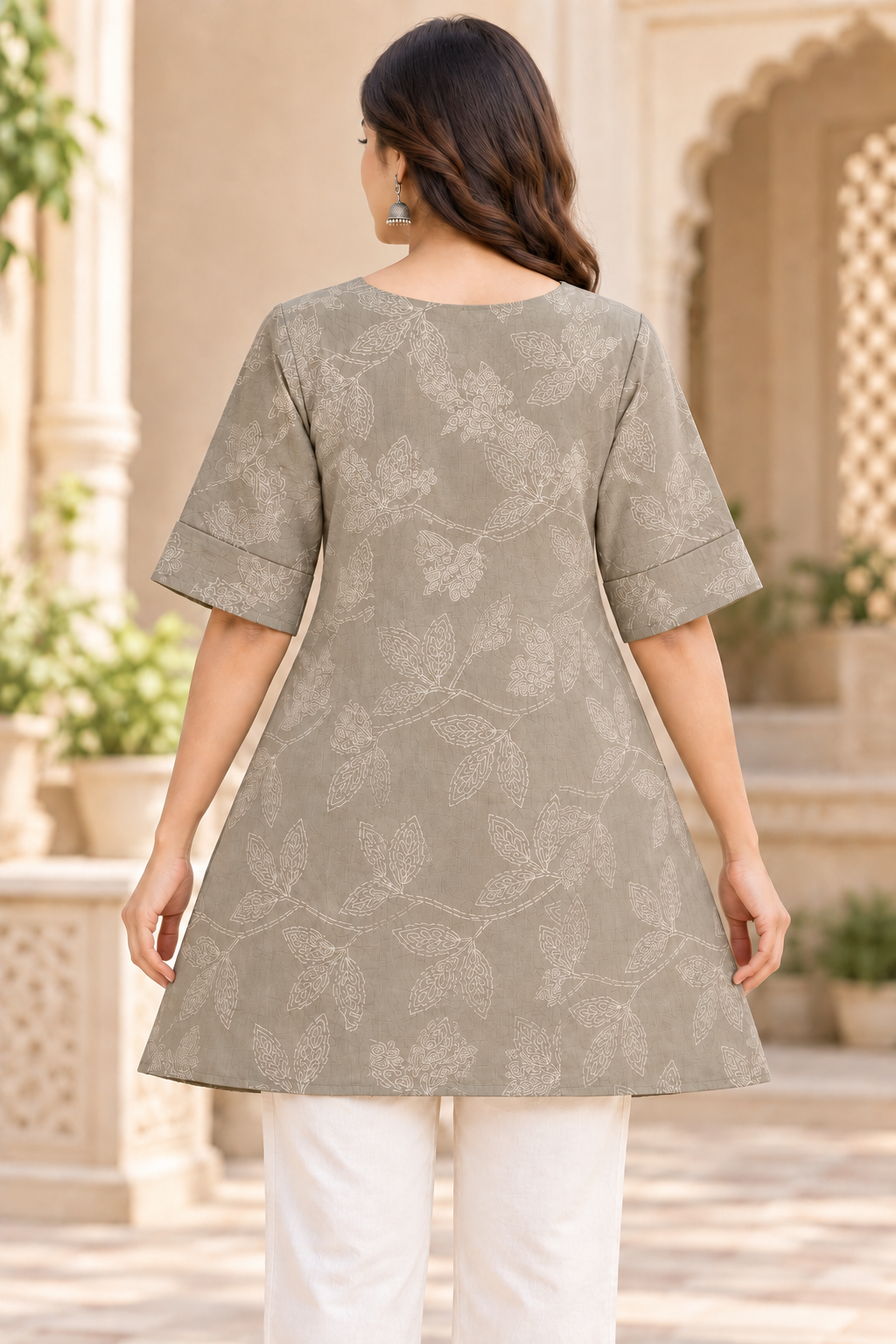 women’s Light Olive Green Leaf Embroidered A-Line Kurti with Notch Neck