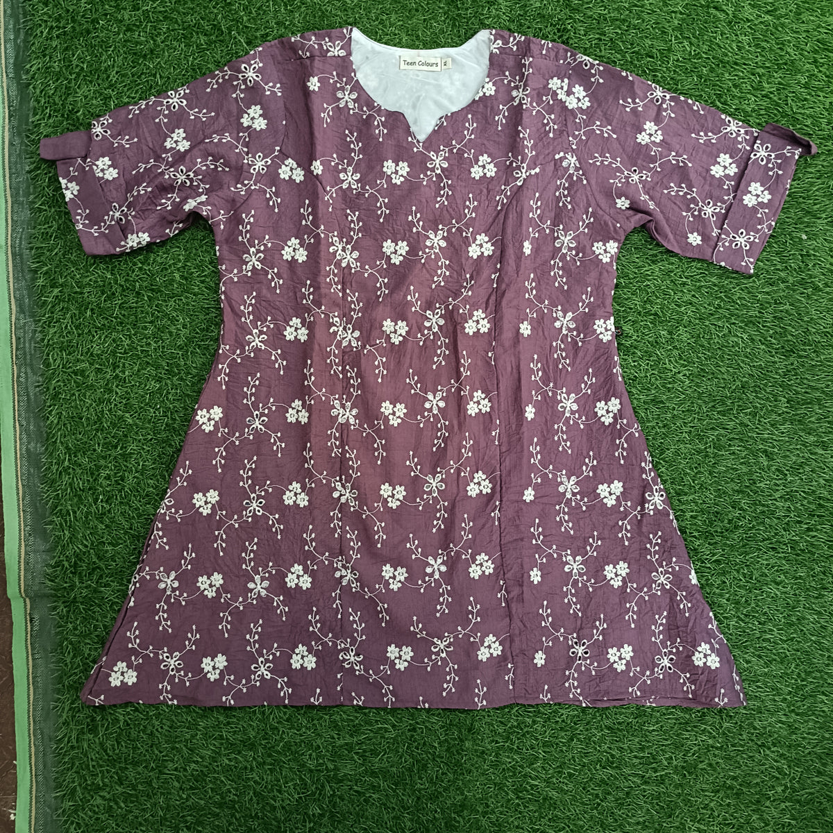 Women’s Dusty Plum Floral Embroidered A-Line Kurti with Notch Neck