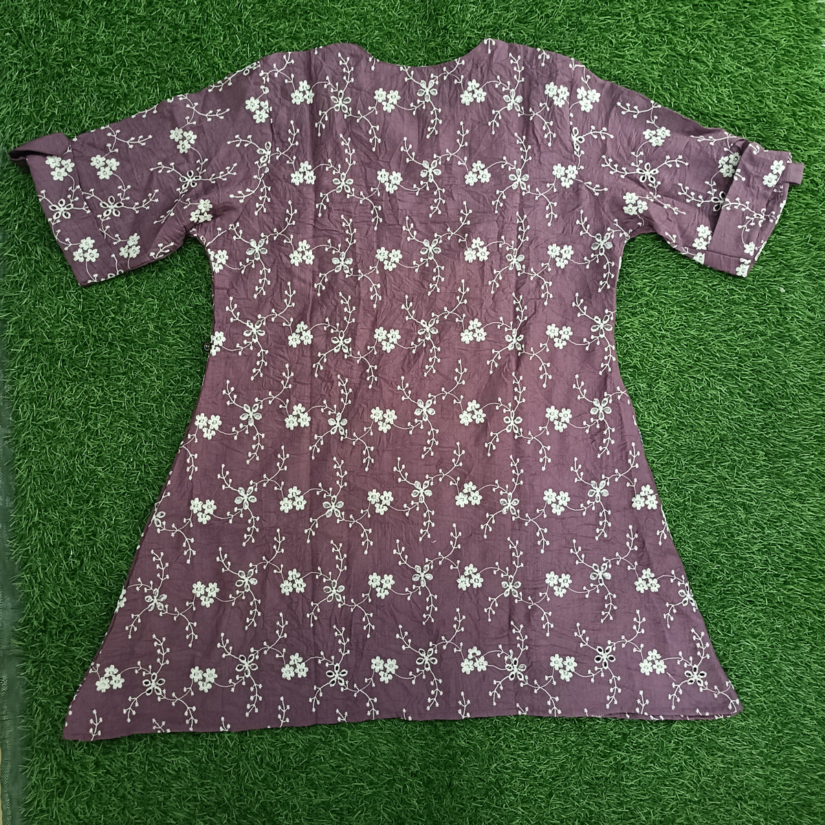 Women’s Dusty Plum Floral Embroidered A-Line Kurti with Notch Neck