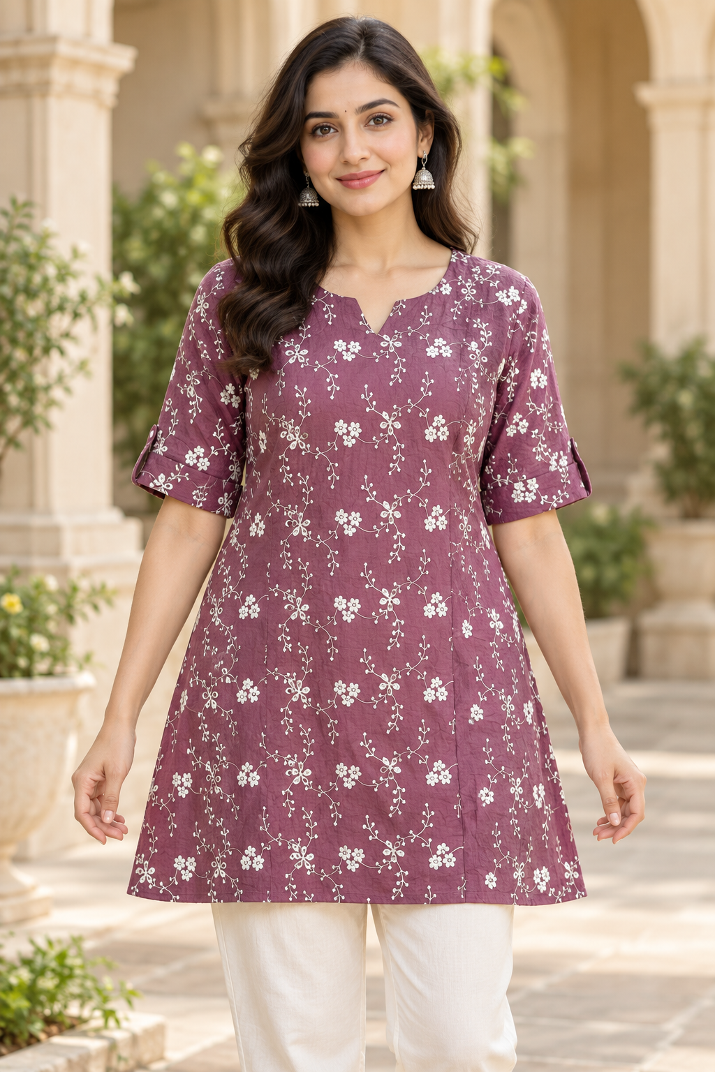 Women’s Dusty Plum Floral Embroidered A-Line Kurti with Notch Neck