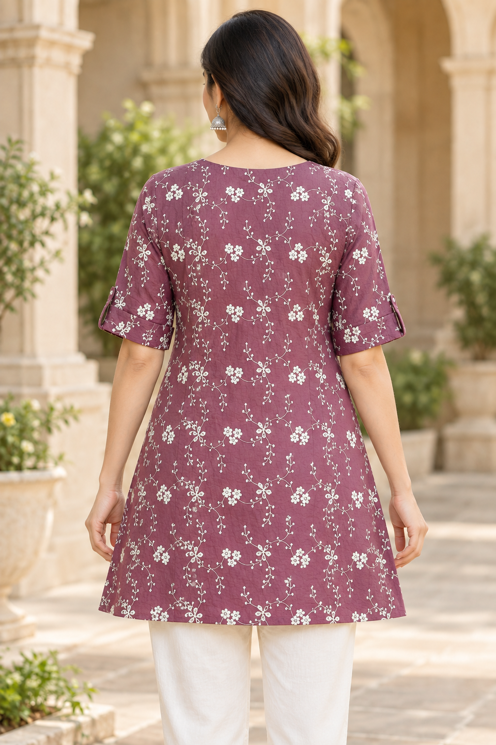 Women’s Dusty Plum Floral Embroidered A-Line Kurti with Notch Neck