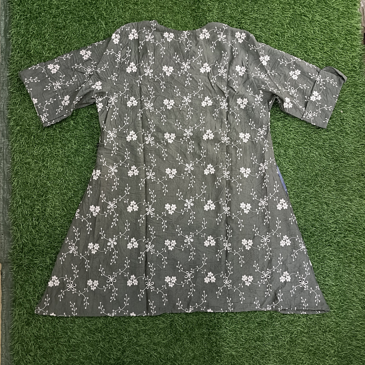 Women’s Charcoal Grey Floral Embroidered A-Line Kurti with Notch Neck