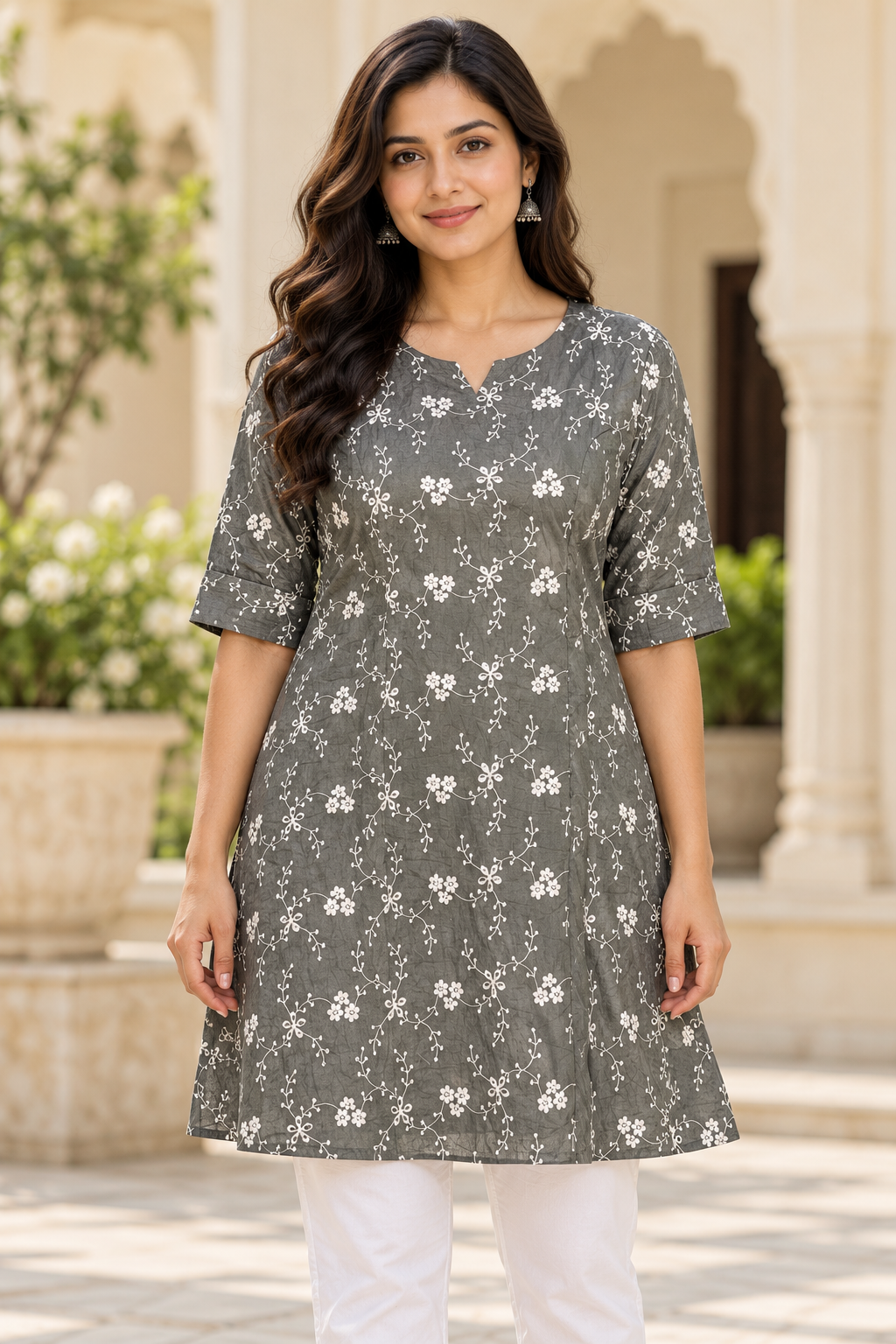 Women’s Charcoal Grey Floral Embroidered A-Line Kurti with Notch Neck