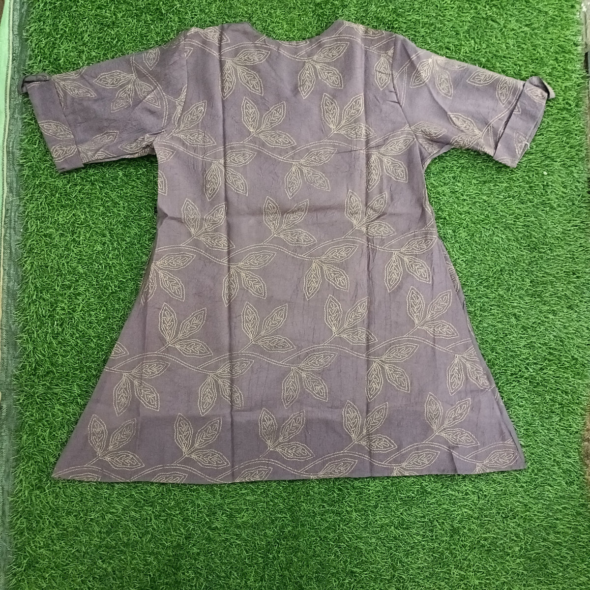 Women’s Dark Mauve Leaf Embroidered A-Line Kurti with Notch Neck