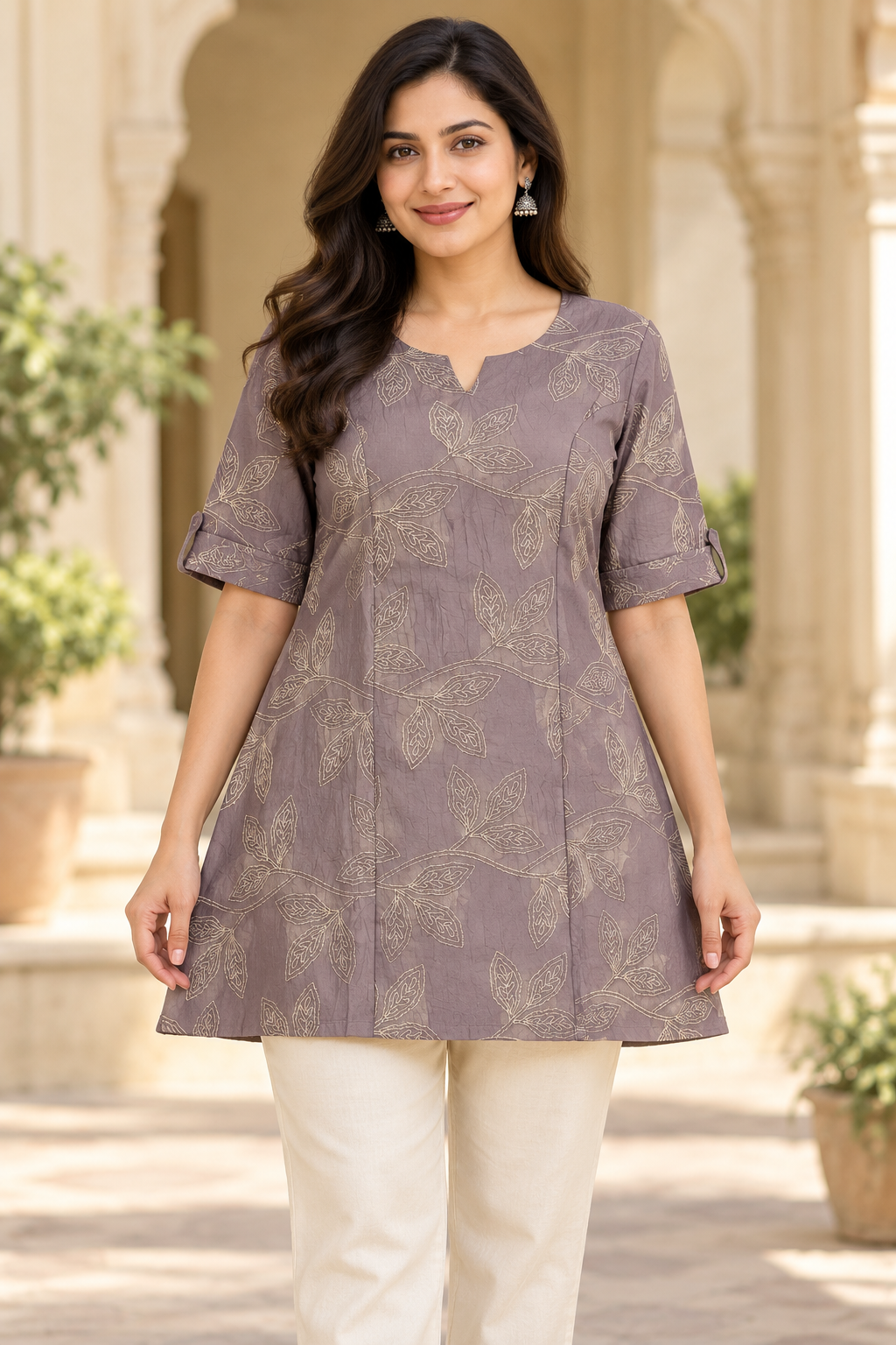 Women’s Dark Mauve Leaf Embroidered A-Line Kurti with Notch Neck
