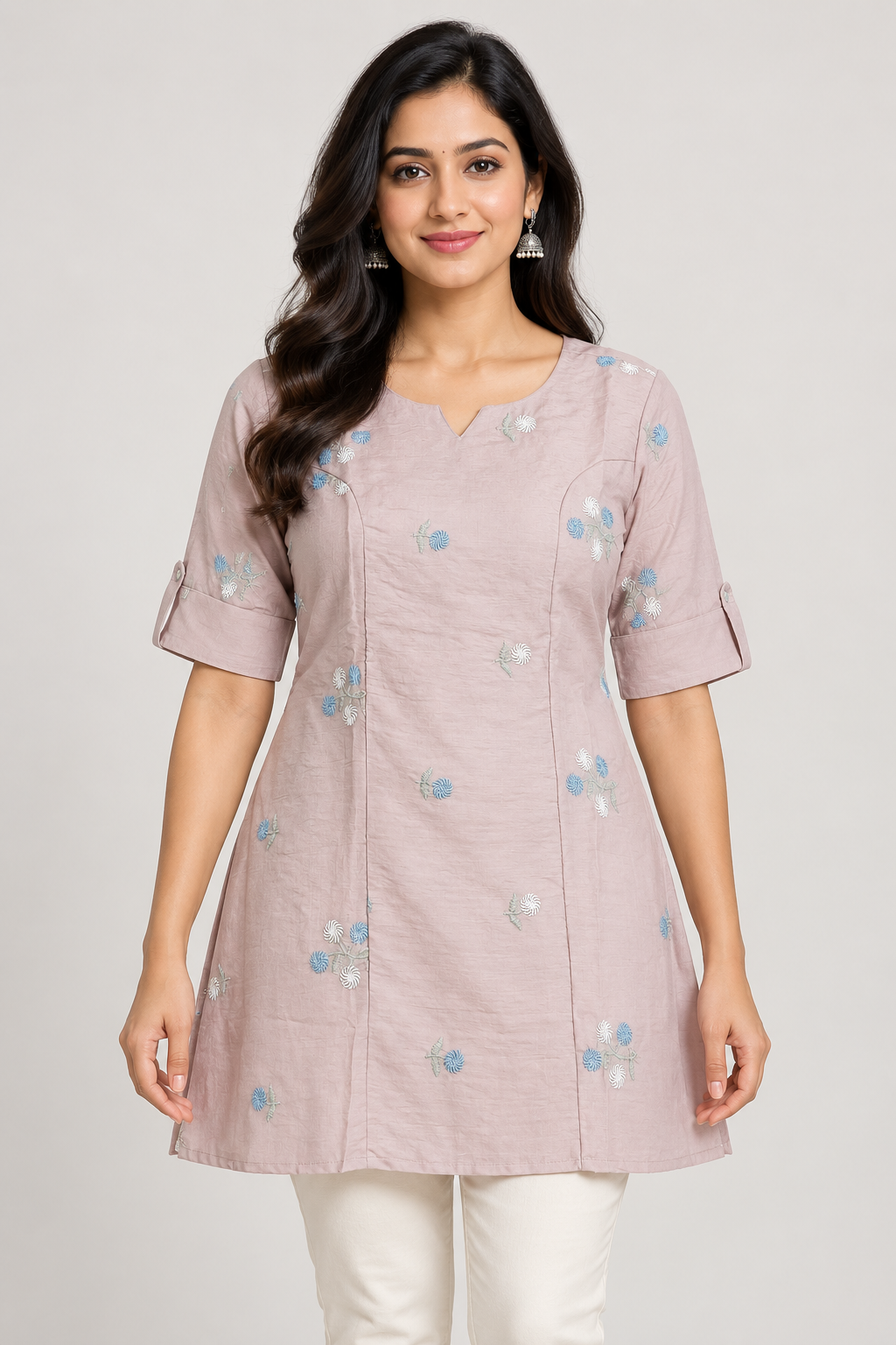 Women’s Dusty Pink Colour Floral Embroidered A-Line Kurti with Notch Neck