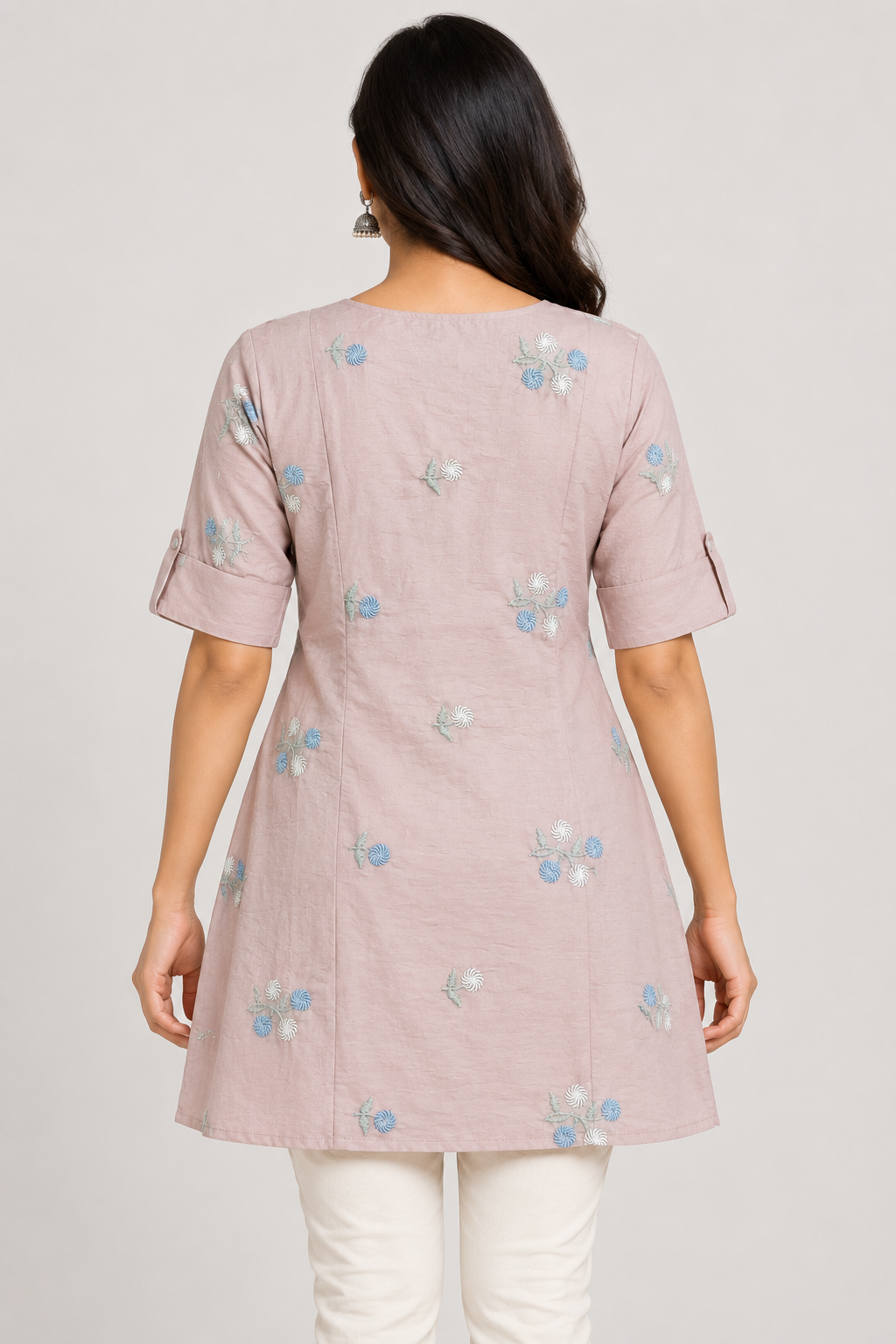 Women’s Dusty Pink Floral Embroidered A-Line Kurti with Notch Neck