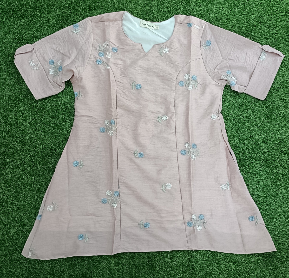 Women’s Dusty Pink Colour Floral Embroidered A-Line Kurti with Notch Neck
