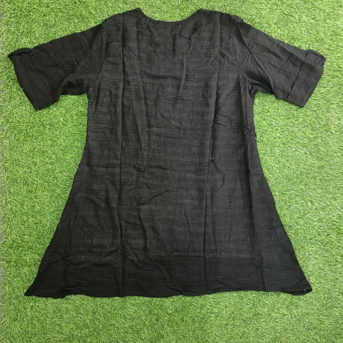 Women’s Black Textured A-Line Kurti with Lace Trim Notch Neck