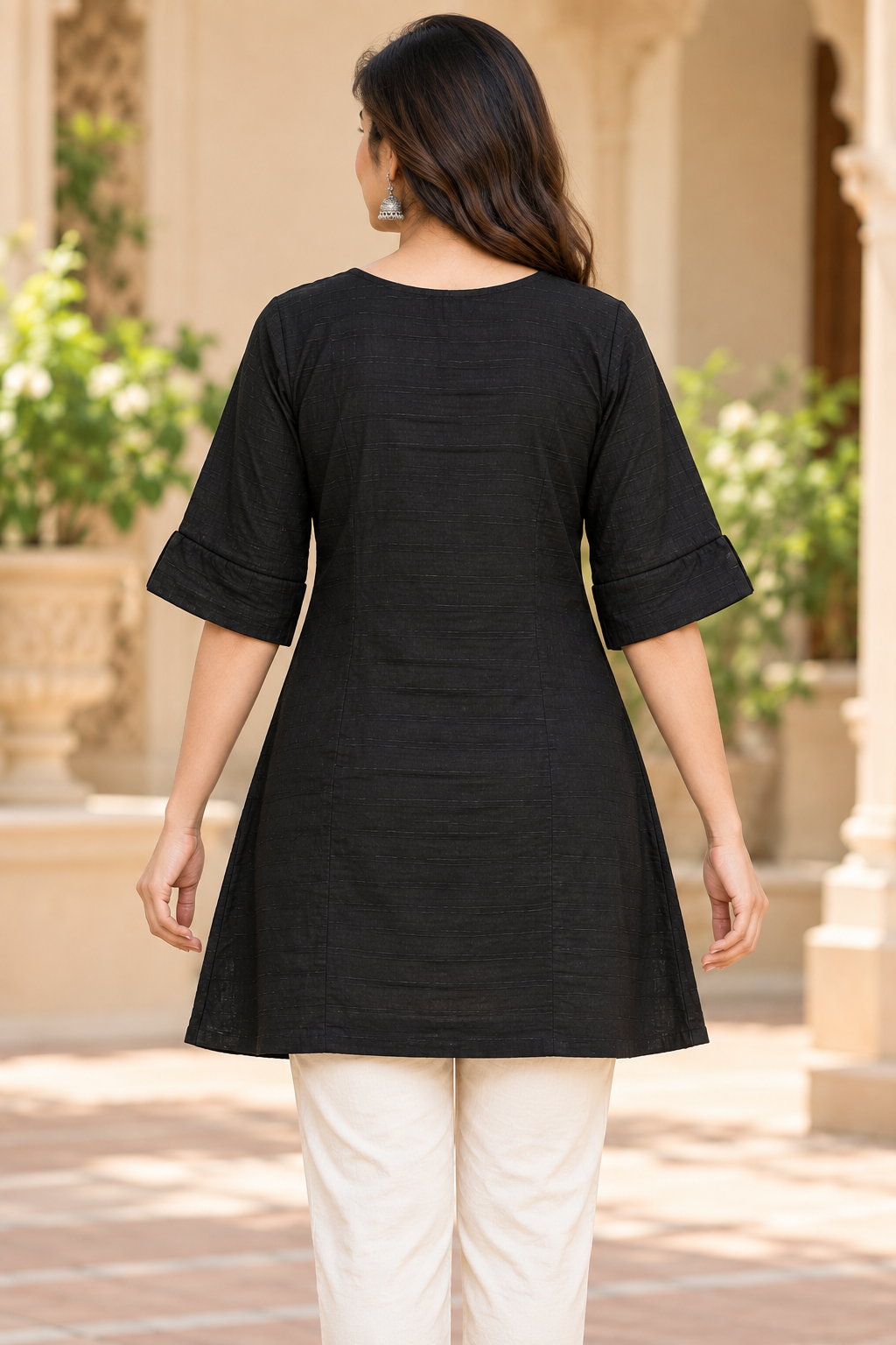 Women’s Black Textured A-Line Kurti with Lace Trim Notch Neck