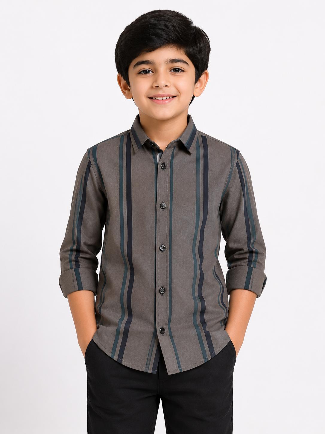 Boys Grey Vertical Stripe Casual Cotton Shirt