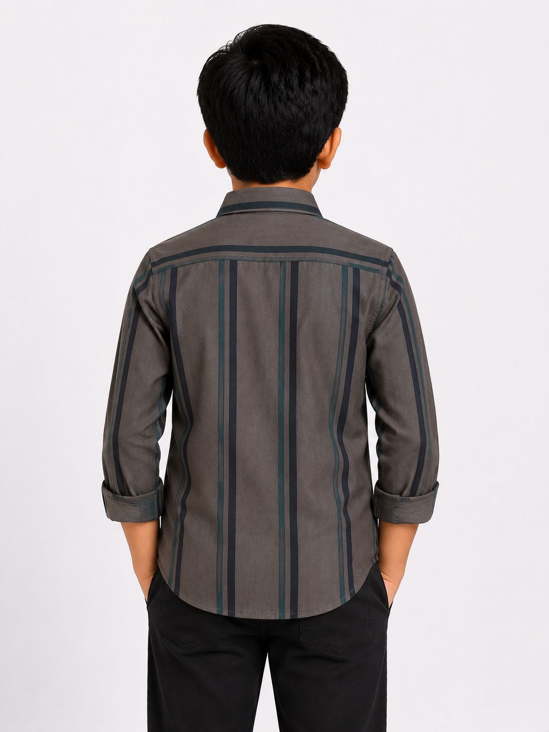 Boys Grey Vertical Stripe Casual Cotton Shirt