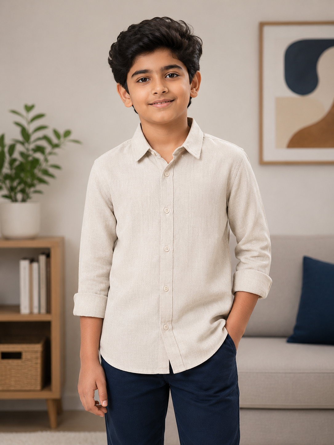 Boys Premium Light Beige Collared Casual Shirt