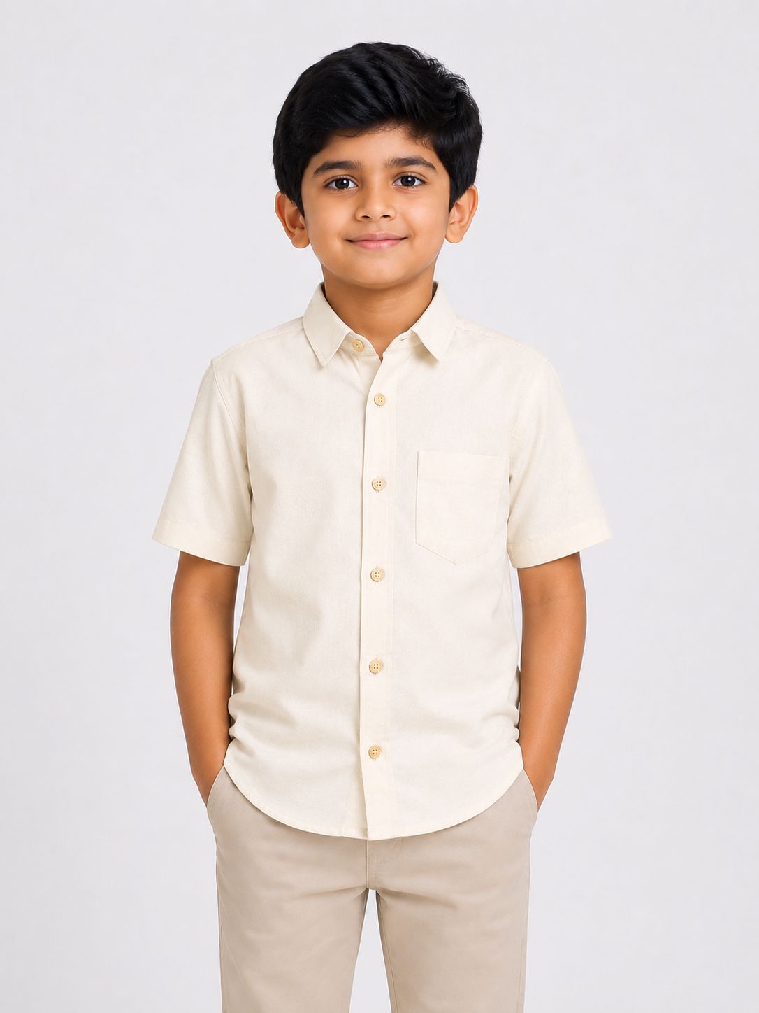 Boys Off White Solid Cotton Half Sleeve Casual Shirt