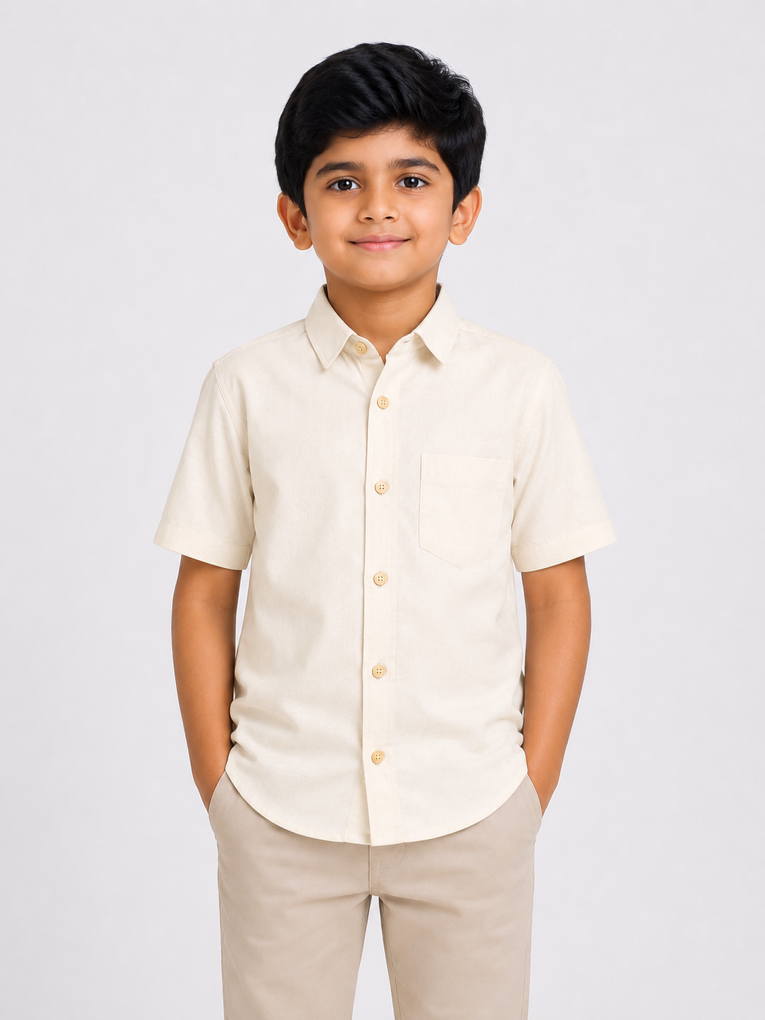 Boys Off White Solid Cotton Half Sleeve Casual Shirt