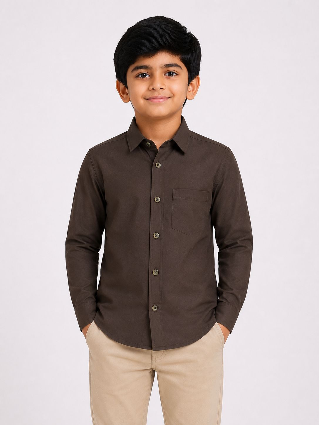 Boys' Solid Brown Long Sleeve Button Down Shirt