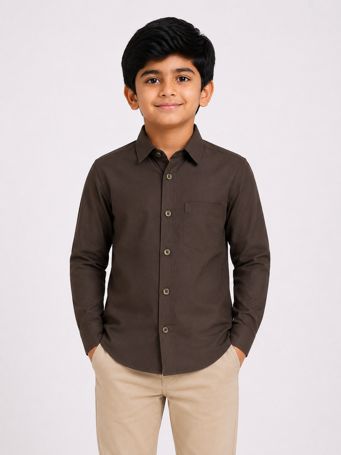 Boys' Solid Brown Long Sleeve Button Down Shirt