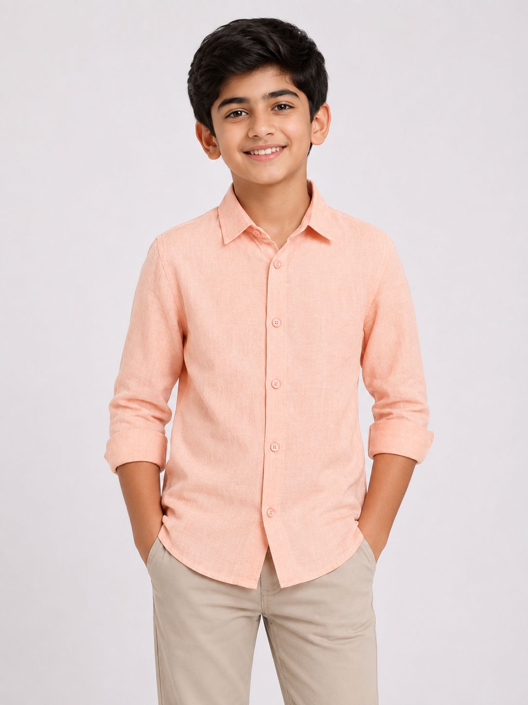 Boys' Solid Peach Long Sleeve Button Down Shirt