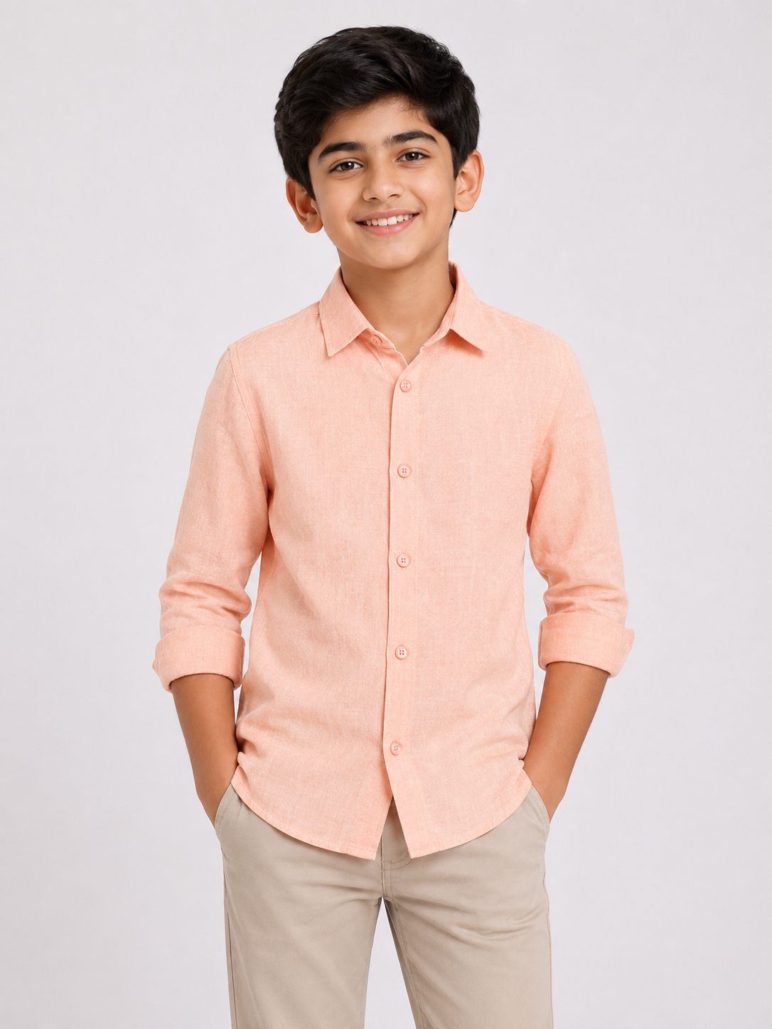 Boys' Solid Peach Long Sleeve Button Down Shirt
