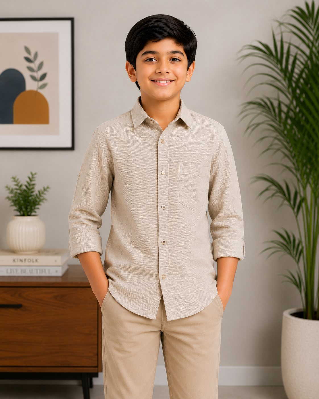 Boys Textured Long Sleeve Button Down Shirt (Beige)