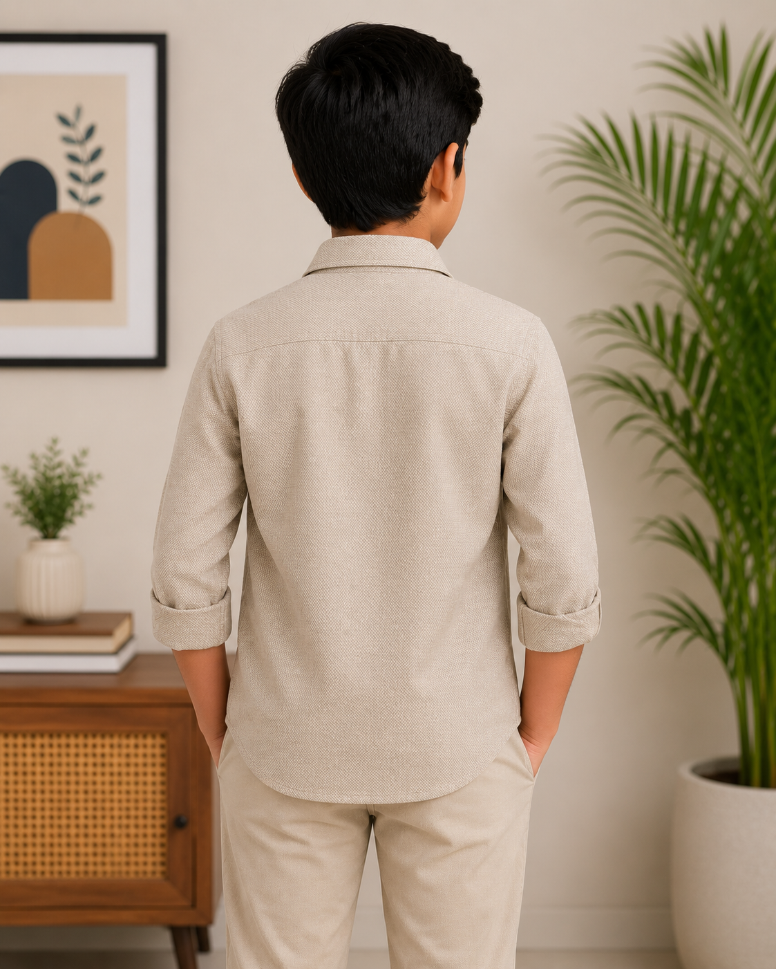 Boys Textured Long Sleeve Button Down Shirt (Beige)