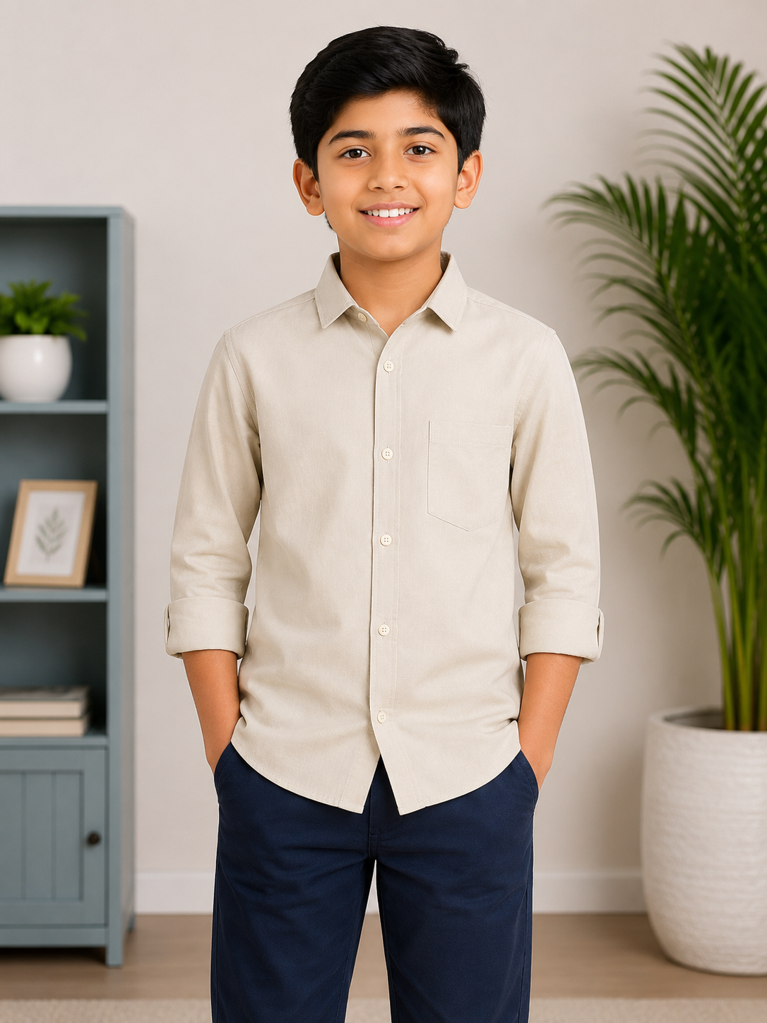 Boys Classic Light Beige Full Sleeve Shirt with Pocket