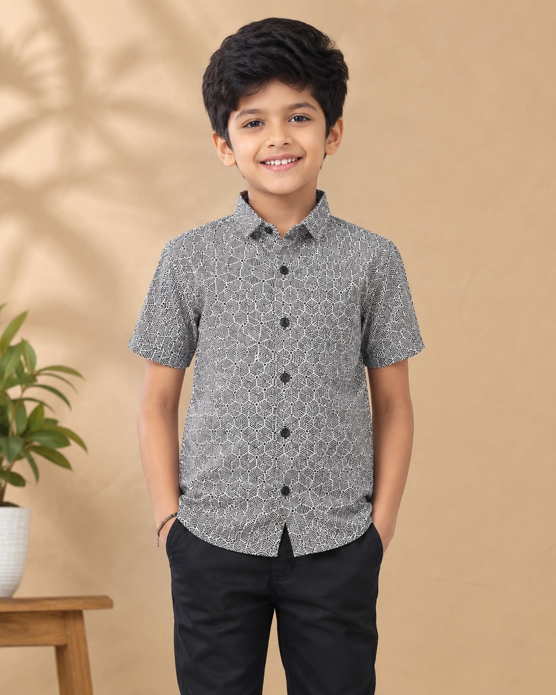 Boys Grey Abstract Print Half Sleeve Shirt