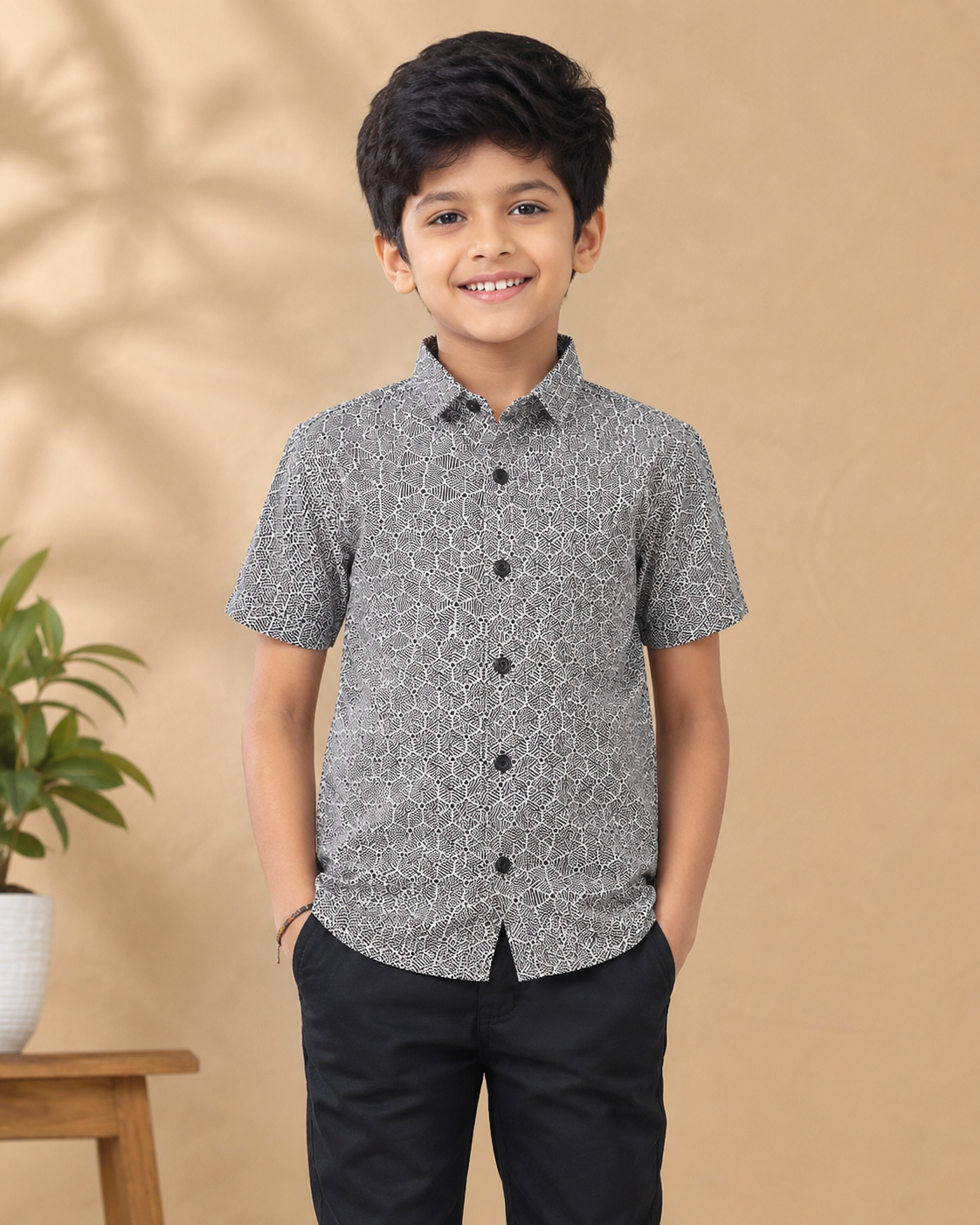 Boys Grey Abstract Print Half Sleeve Shirt
