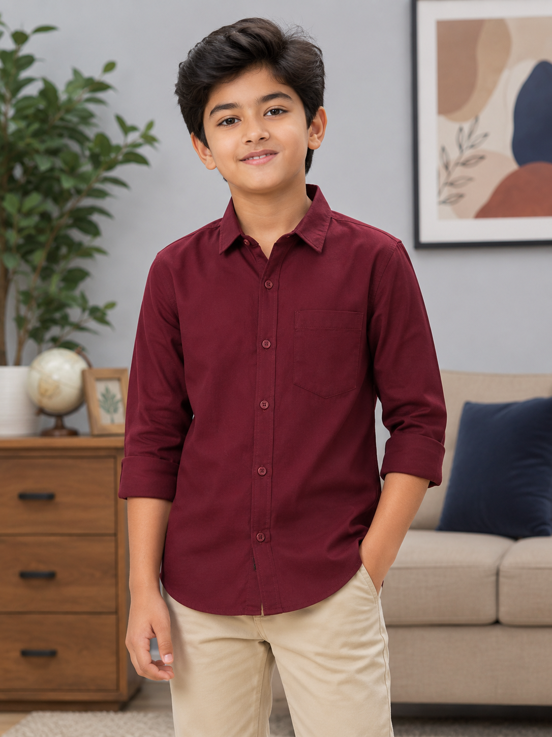 Boys Premium Maroon Collared Casual Wear Shirt