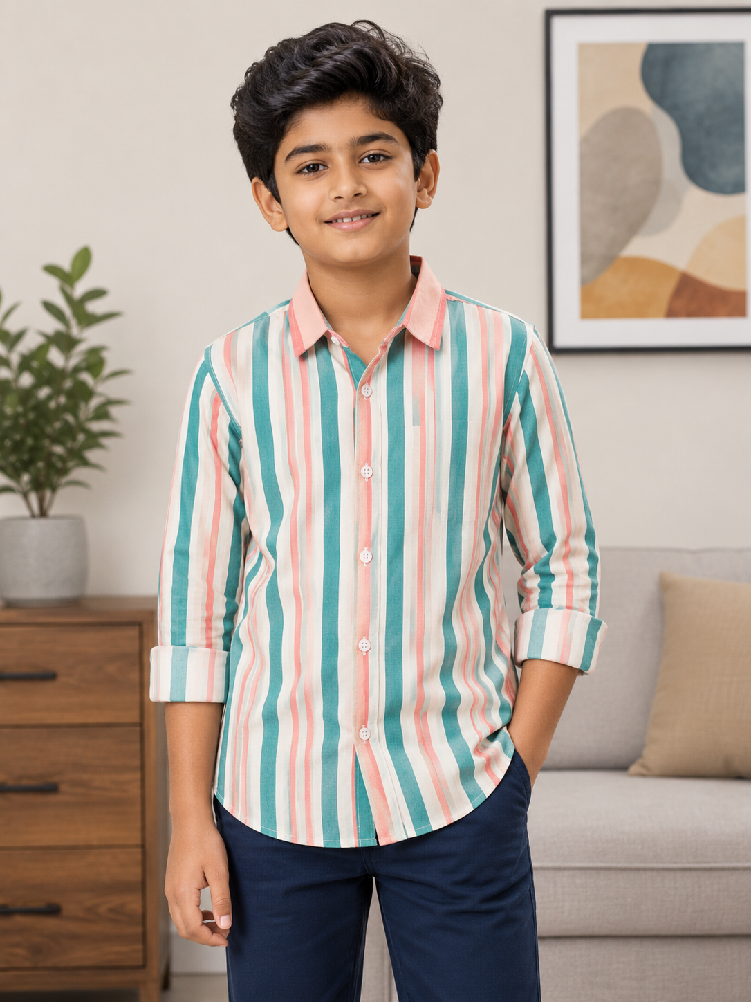 Boys Premium Vertical Stripe Regular Fit Cotton Shirt