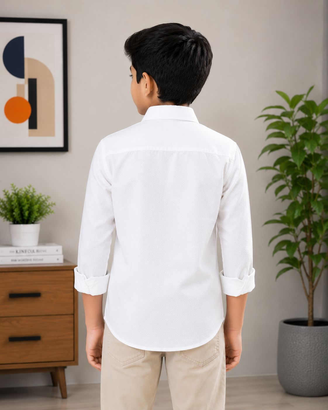 Boys Textured Long Sleeve Button Down Shirt (White)