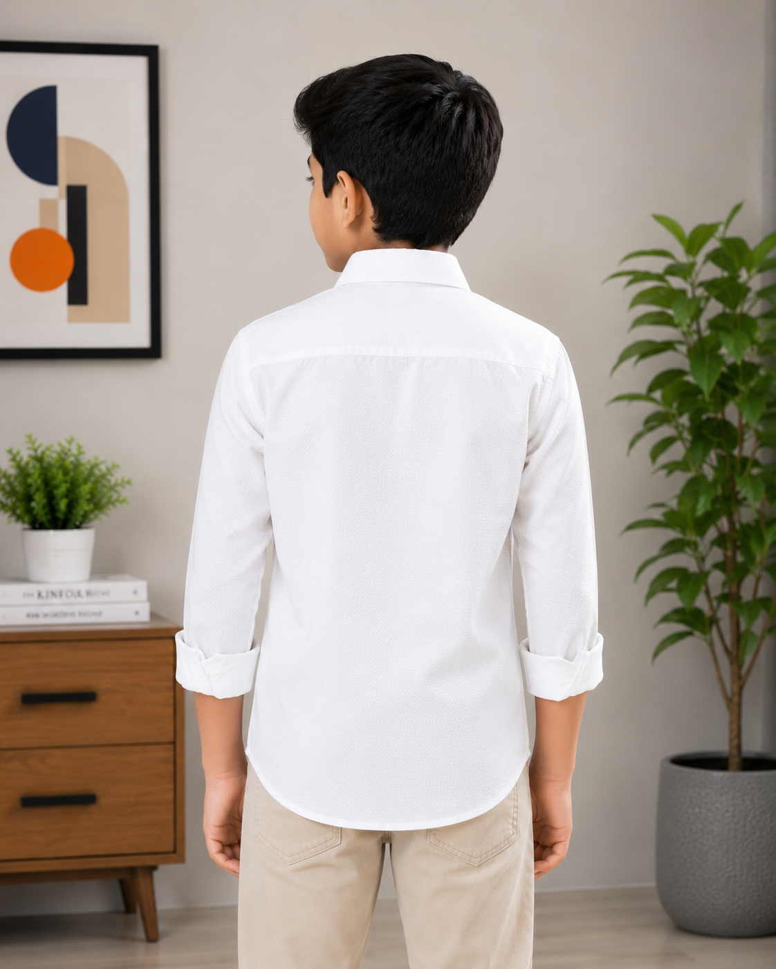 Boys Textured Long Sleeve Button Down Shirt (White)